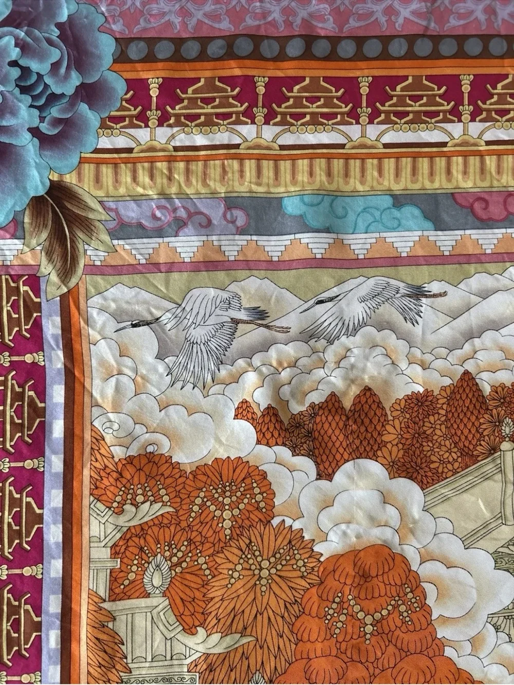 Silk Scarf 34” Tibetan Asian Temple Floral Crane Hand Rolled Fuchsia